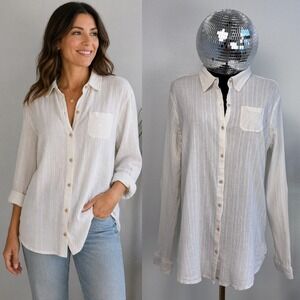 RuffHewn 100% Cotton Crinkle Gauze Button Down Shirt, Womens XL cream Top Boho